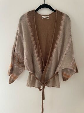 Anthropologie Beige and Brown Tie-Waist Knit Cardigan